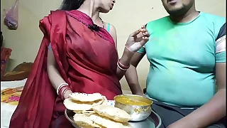 First era Indian festival holi celebrate with neaughbour wife